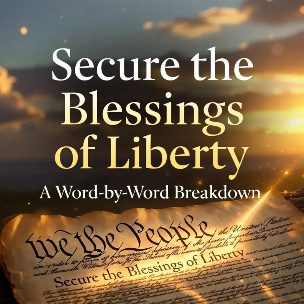 Secure the Blessings of Liberty Meaning: A Word-by-Word Breakdown - Beautiful glowing Constitution parchment with golden sunrise background.