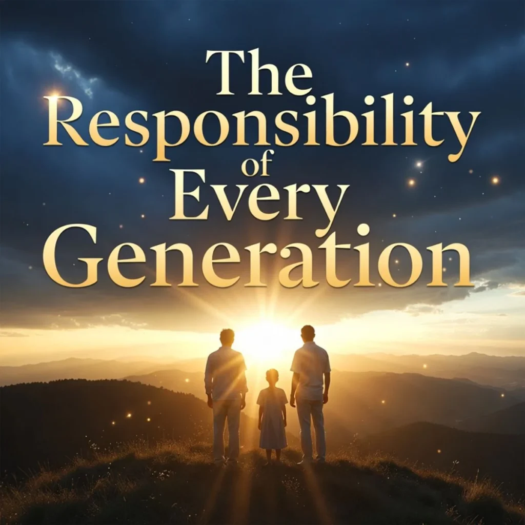 The Responsibility of Every Generation - A family of three generations standing on a hill watching the sunrise, symbolizing the duty to pass on liberty to future generations.
