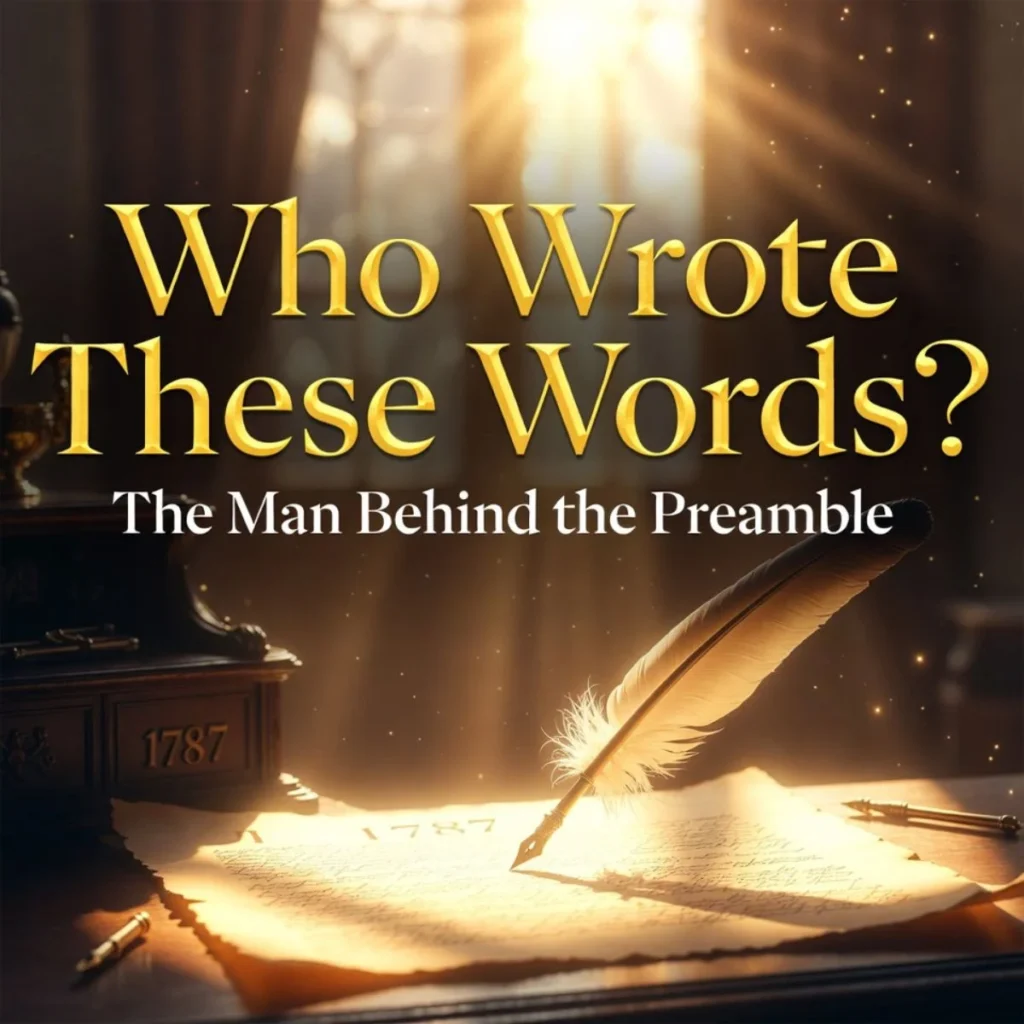 Who Wrote These Words? The Man Behind the Preamble - Golden quill pen writing on Constitution parchment in dramatic sunlight, 1787 historical scene.