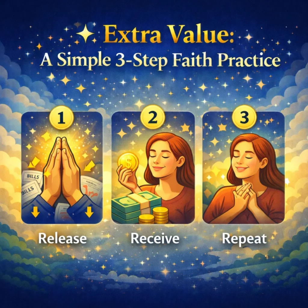 3 step faith practice release receive repeat with prayer money and gratitude illustration for financial miracle prayer