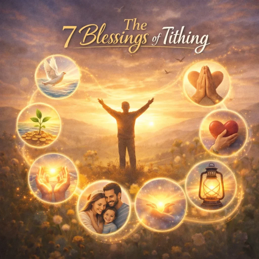 7 blessings of tithing illustration with glowing symbols of faith, love, prayer, and growth around a worship silhouette