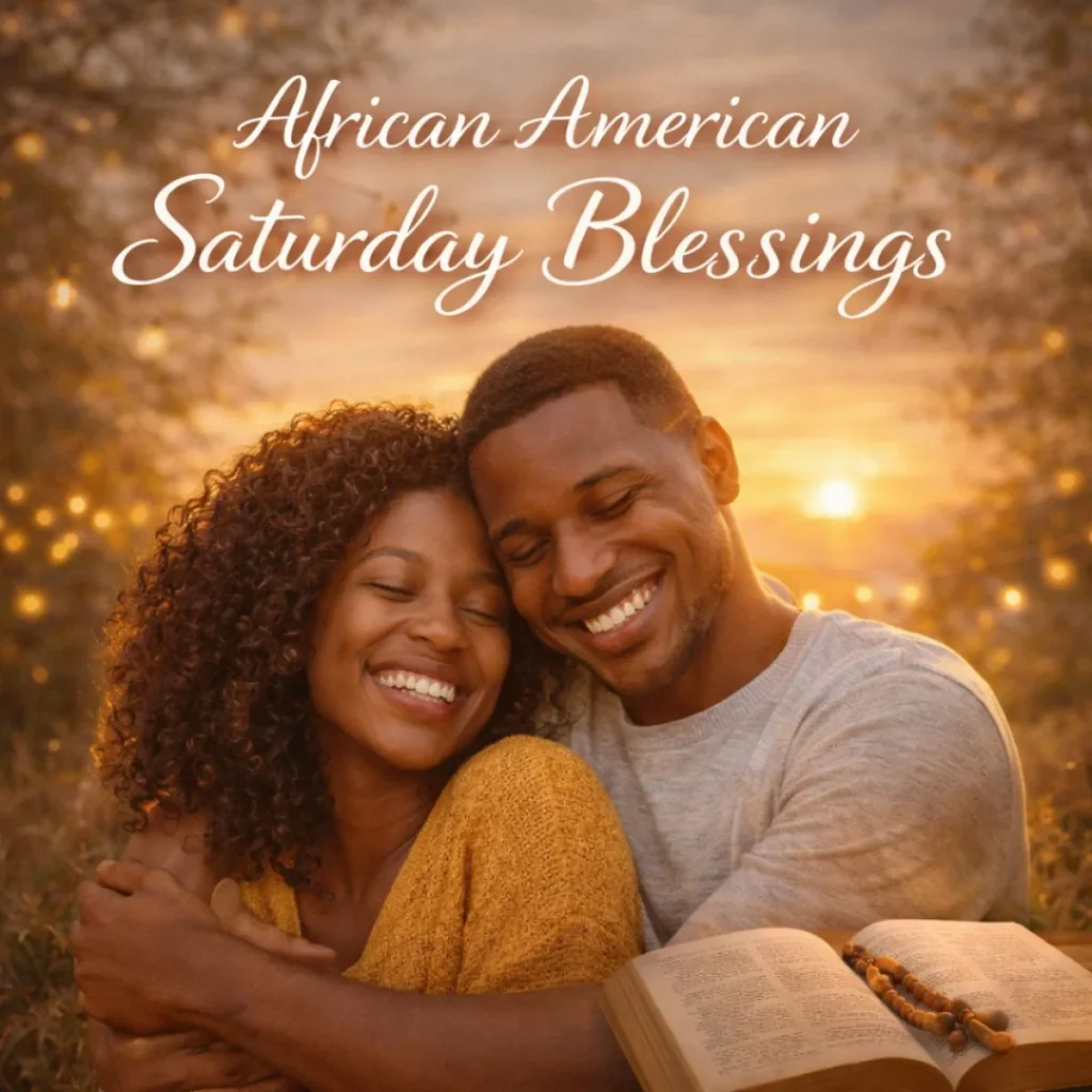 African American Saturday blessings with happy couple, Bible, sunset and warm spiritual weekend vibes.