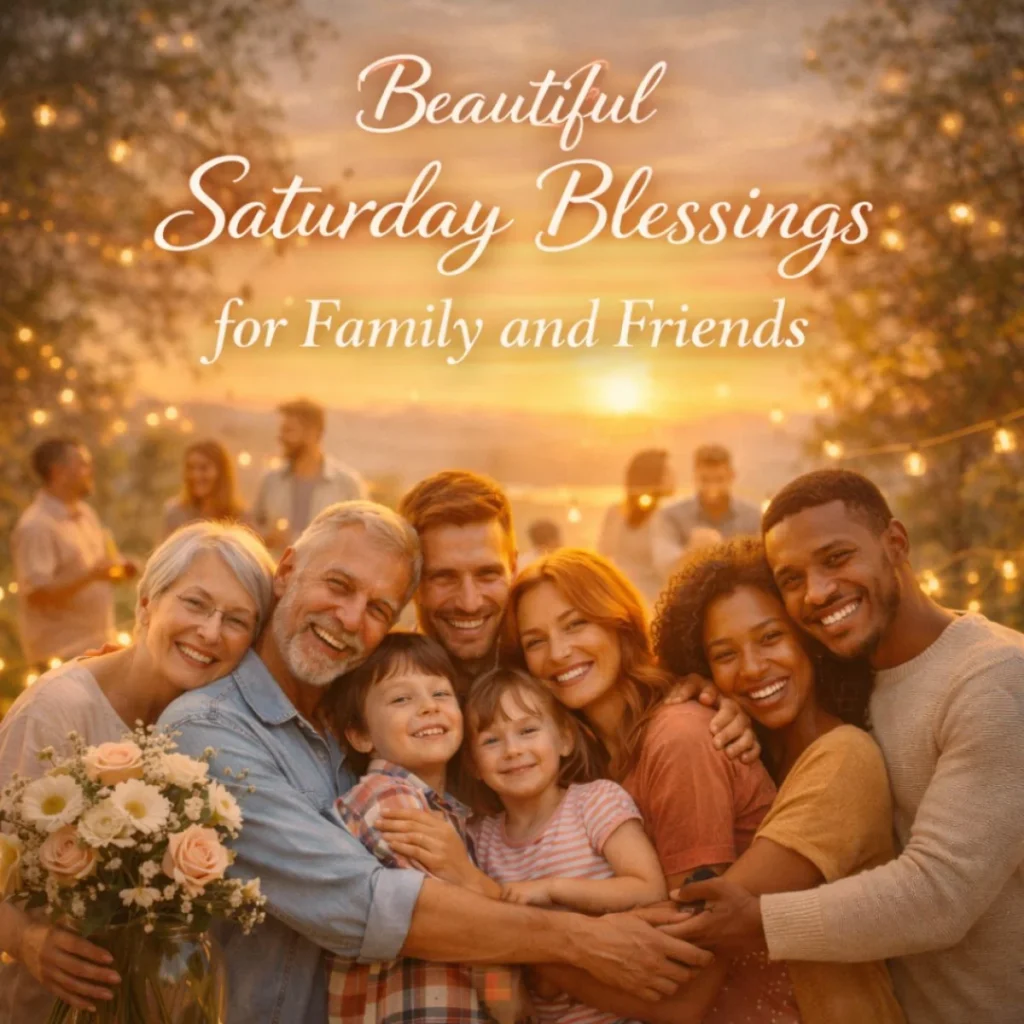 Beautiful Saturday blessings for family and friends with happy people, sunset, and warm golden light.