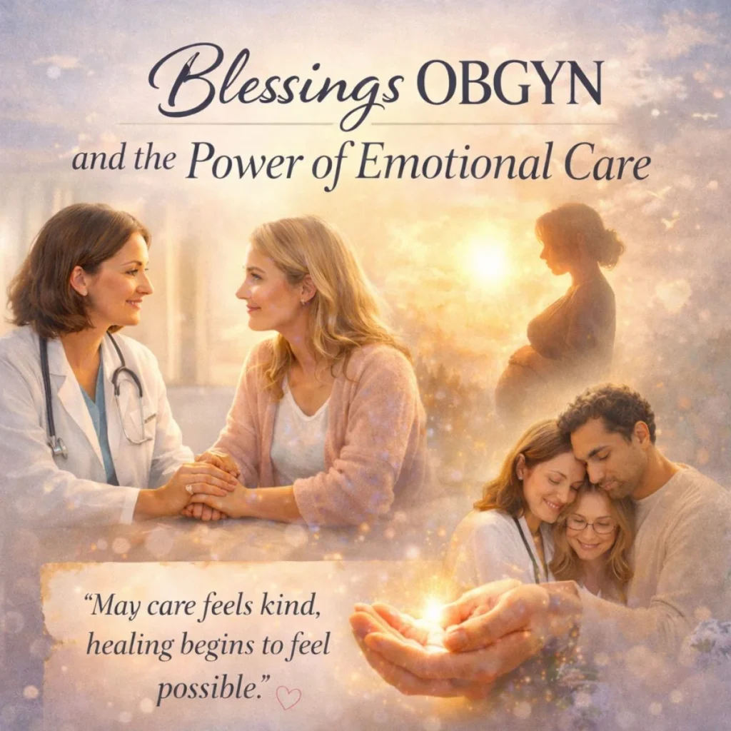 OBGYN doctor comforting patient, pregnant woman silhouette, and family support showing emotional care and blessings in women’s health