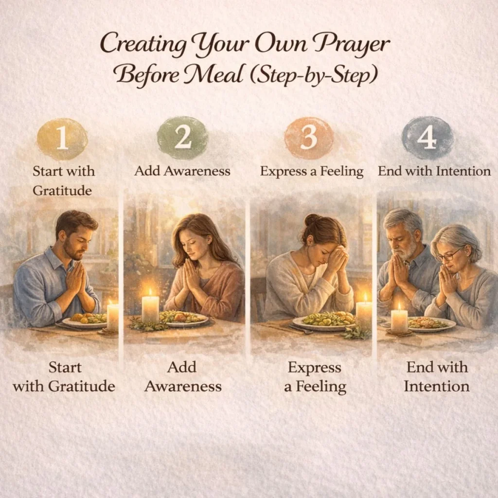 Step by step process of creating a personal prayer before meal with moments of gratitude, awareness, feeling, and intention