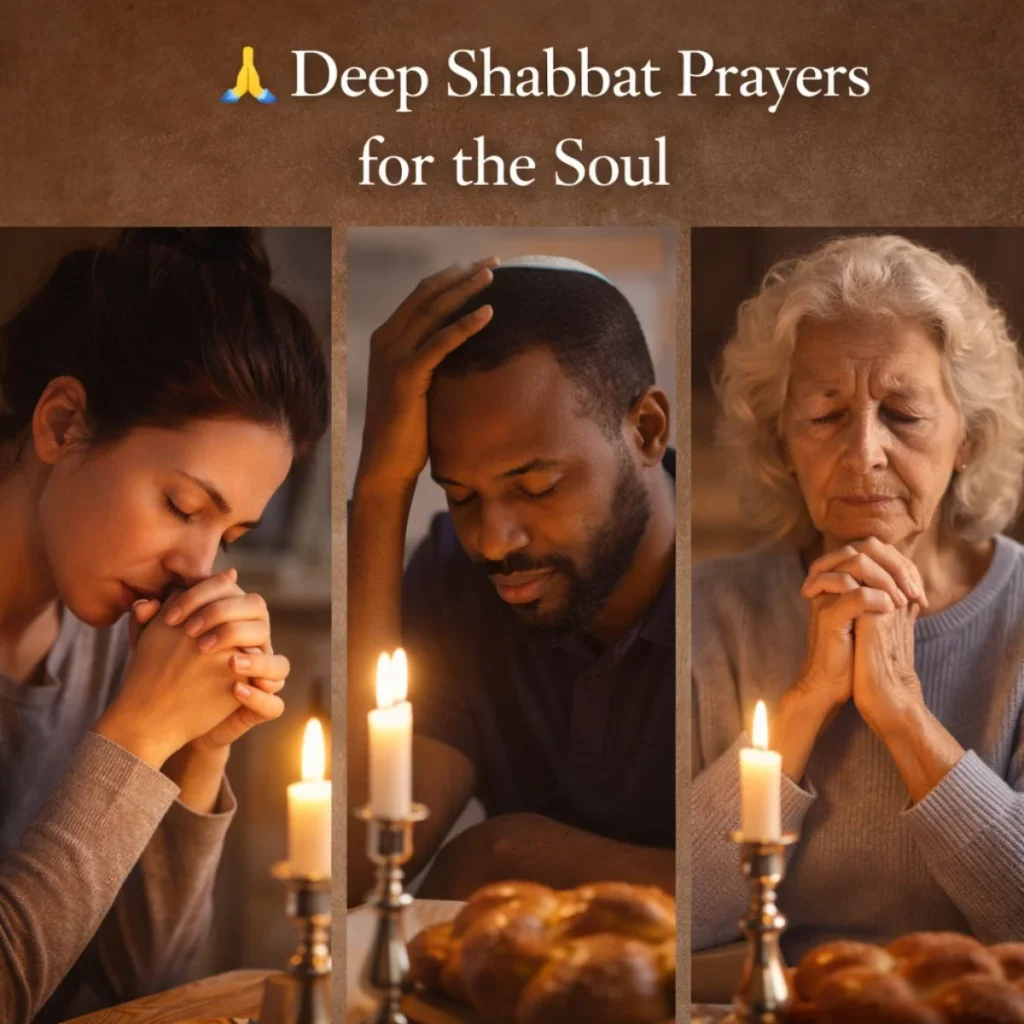 People deeply engaged in Shabbat prayers with candles, expressing spiritual reflection, faith, and emotional connection