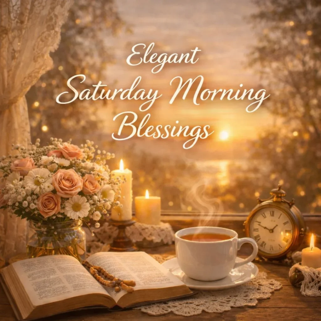 Elegant Saturday Morning Blessings with sunrise, coffee, Bible and peaceful golden morning aesthetic.