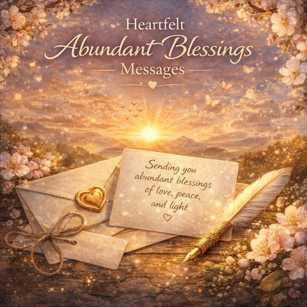 Heartfelt abundant blessings messages illustration with a letter, glowing light, flowers, and peaceful sunrise background.