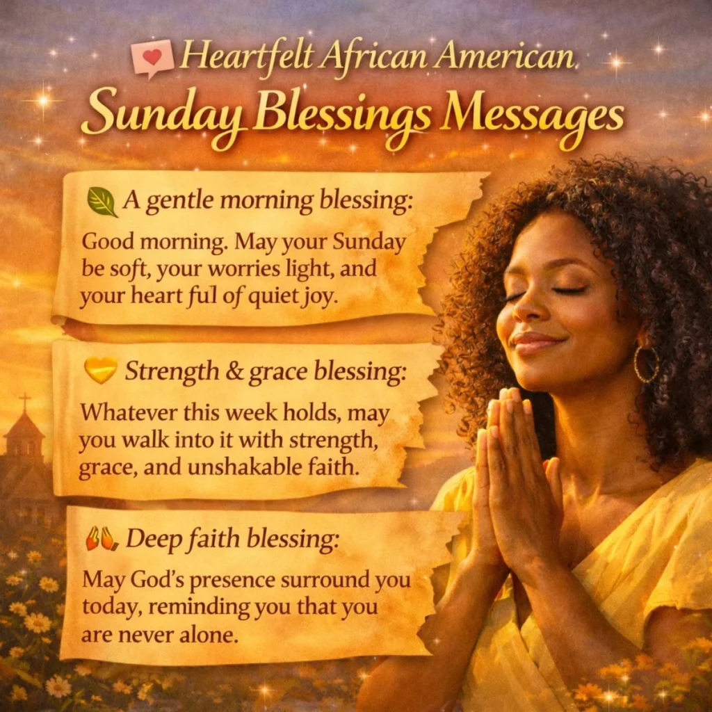 Heartfelt African American Sunday blessings messages with praying woman and inspirational quotes at sunrise