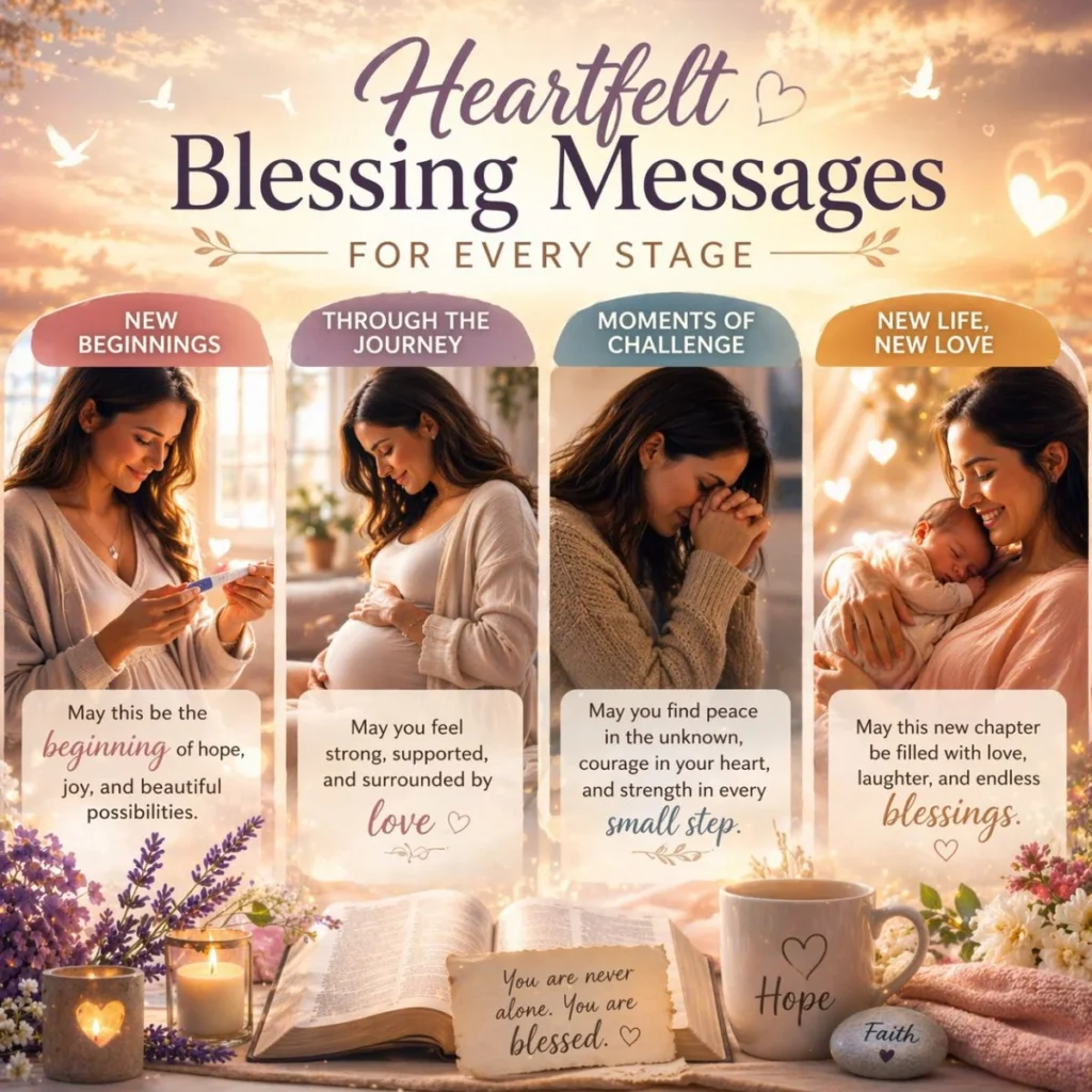 Women in different life stages including prayer, pregnancy, motherhood, and family moments representing heartfelt blessing messages and emotional support