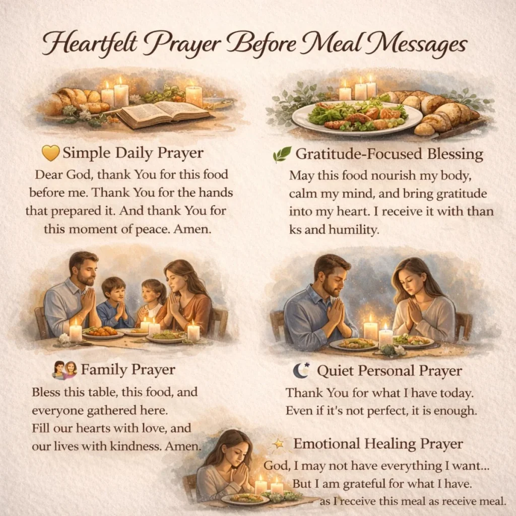 People saying heartfelt prayer before meal in different settings including family dinner and quiet personal moments