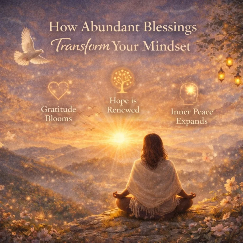 Meditation scene at sunrise showing how abundant blessings transform mindset through gratitude, hope, and inner peace.