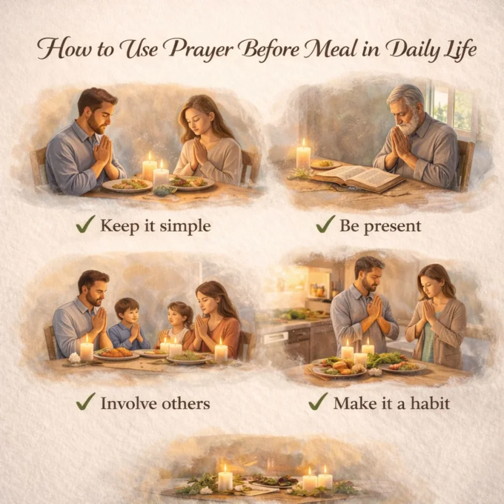 People practicing prayer before meal in daily life including simple, mindful, family, and routine moments
