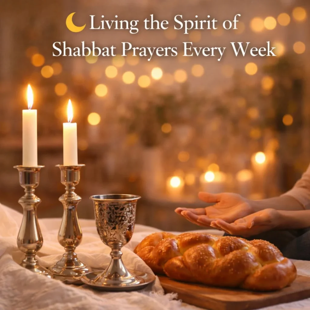 Shabbat candles, challah bread, and open hands in prayer symbolizing living the spirit of Shabbat prayers every week