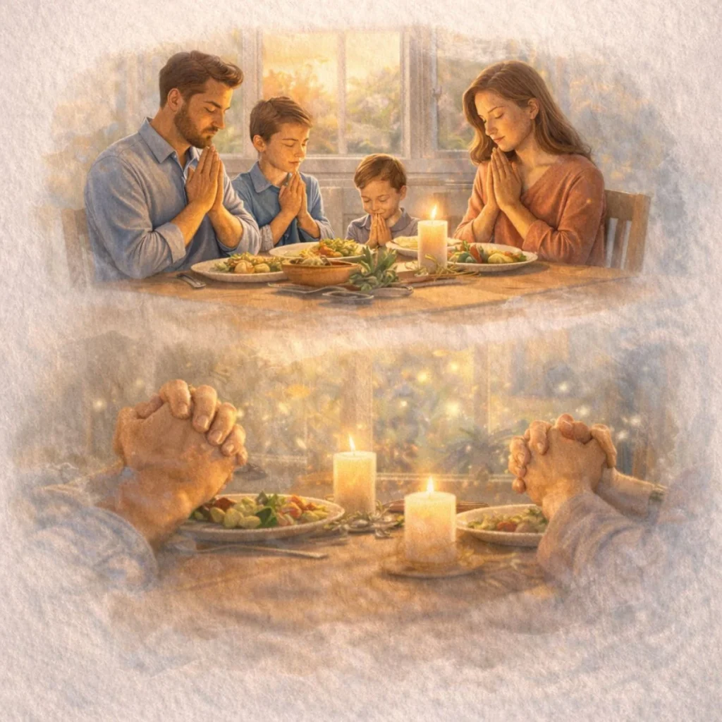 Family practicing prayer before meal as a daily habit in a calm and warm home setting