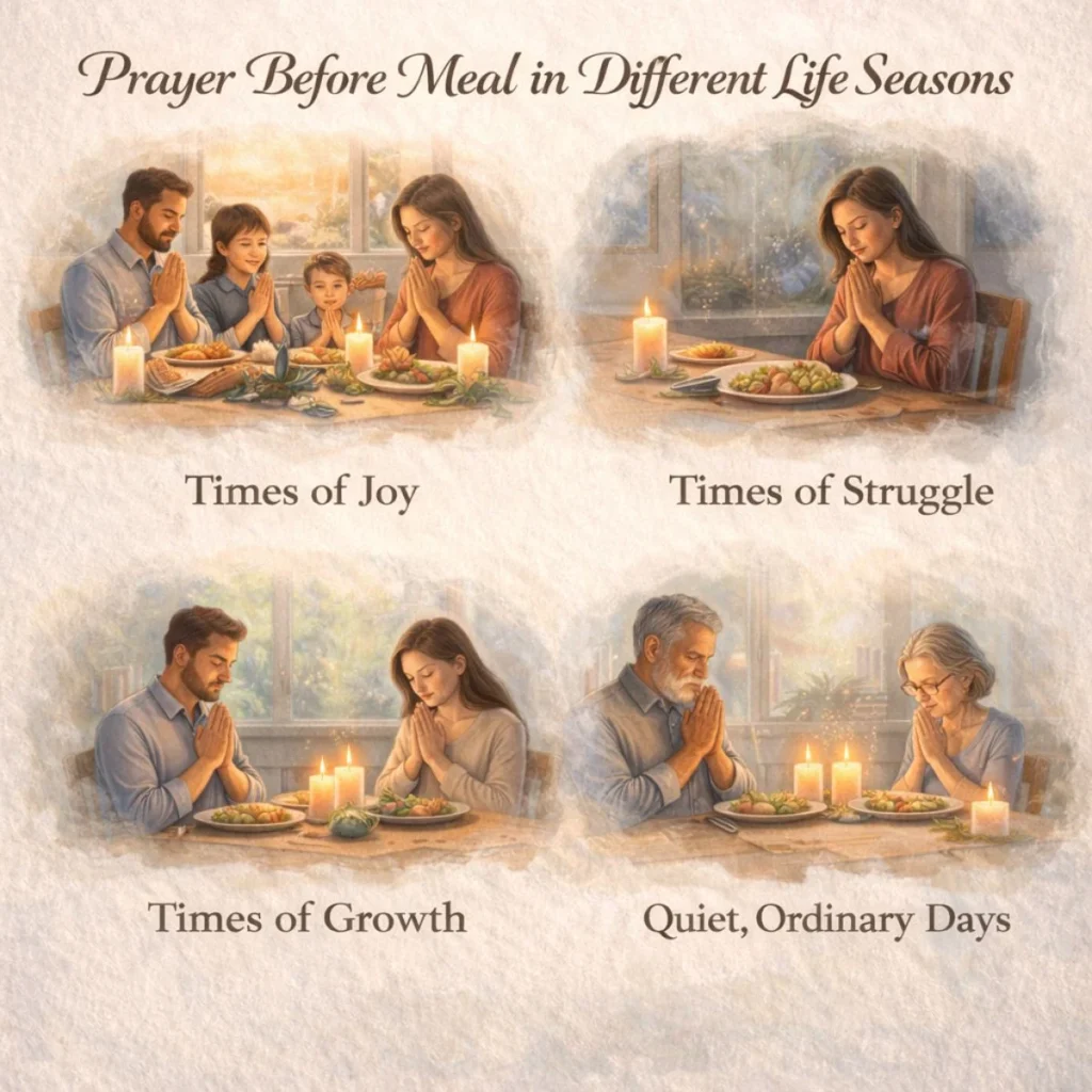 People saying prayer before meal during different life moments including joy, struggle, growth, and quiet daily life