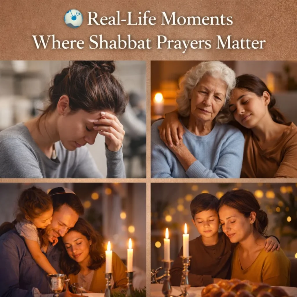 Real-life moments where Shabbat prayers matter showing emotional reflection, family bonding, and peaceful candlelight gatherings