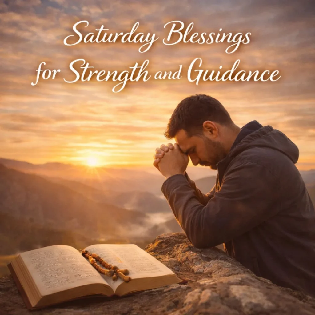 Saturday blessings for strength and guidance with man praying, Bible, sunrise and peaceful mountain view.
