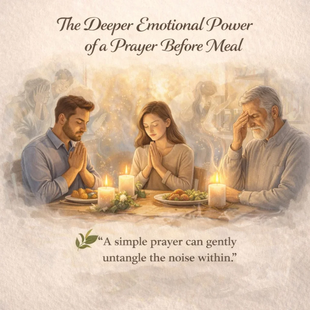 People pausing in prayer before meal experiencing calm, emotional release, and inner peace at a dining table