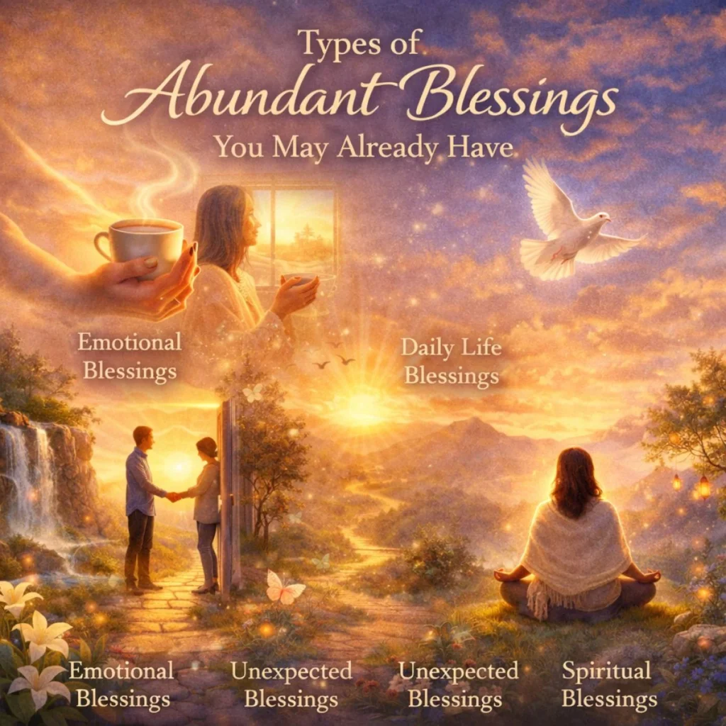 Illustration showing different types of abundant blessings including emotional, daily life, unexpected, and spiritual blessings.