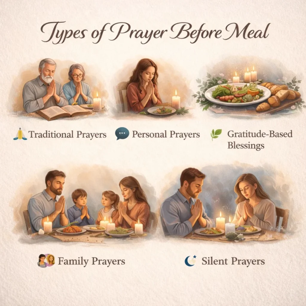 Infographic showing different types of prayer before meal including traditional, personal, gratitude, family, and silent prayers