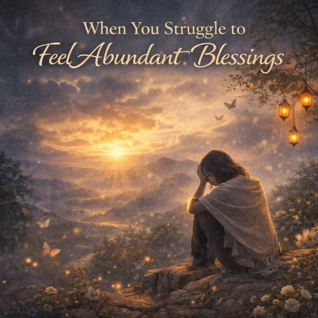 Person sitting alone at sunset reflecting emotional struggle while seeking abundant blessings and inner peace.