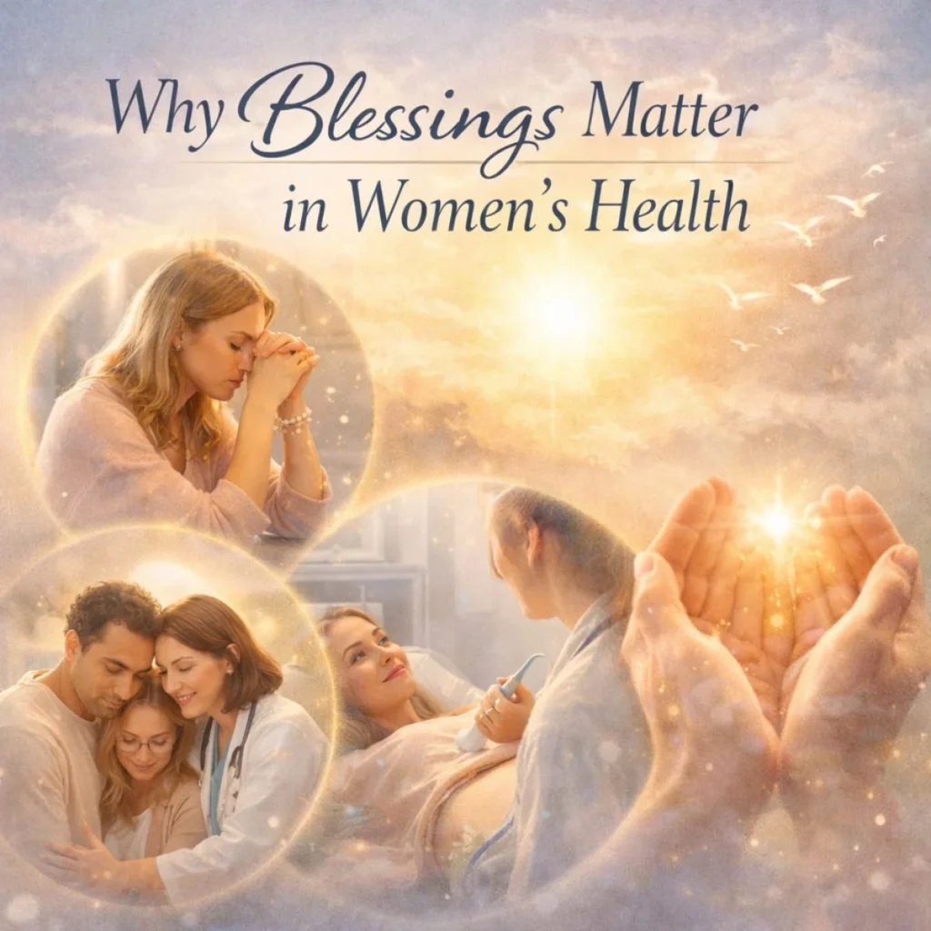 Woman praying, pregnant patient during ultrasound, and family support symbolizing blessings in women’s health and emotional care