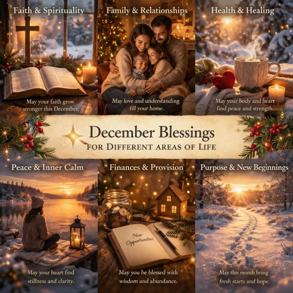 december blessings for different areas of life showing health relationships work and hope in warm winter scenes