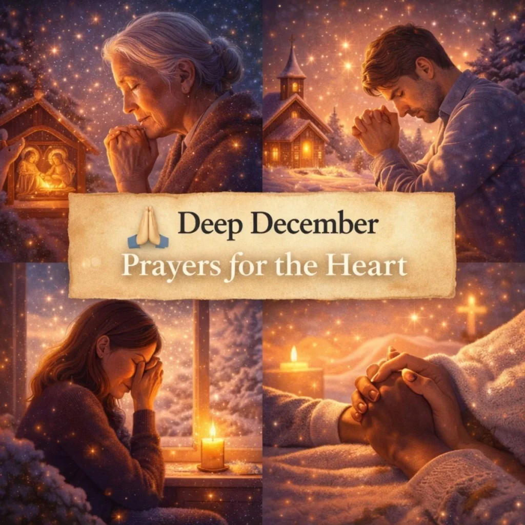 deep december prayers for the heart with people praying in winter scenes, candlelight and peaceful spiritual moments
