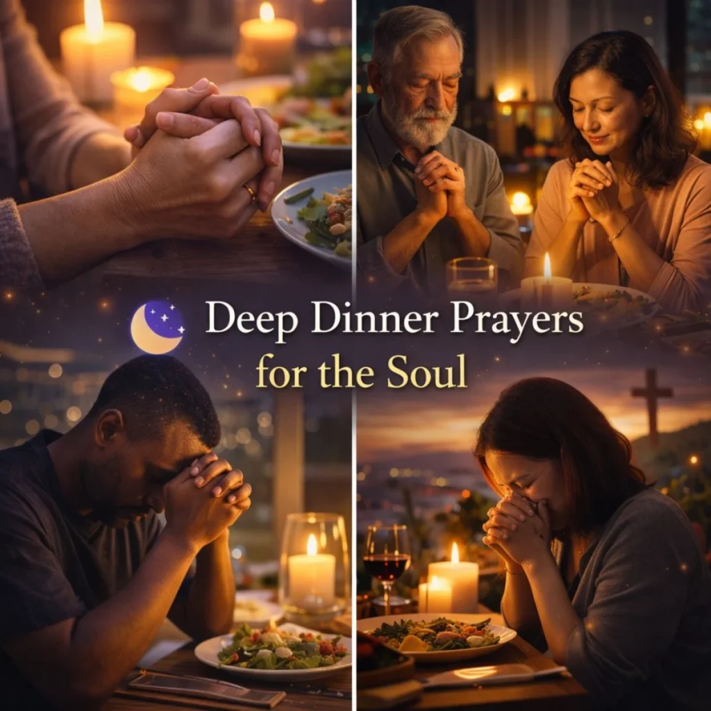 deep dinner prayer moments with people praying over meals at night with candles and peaceful atmosphere