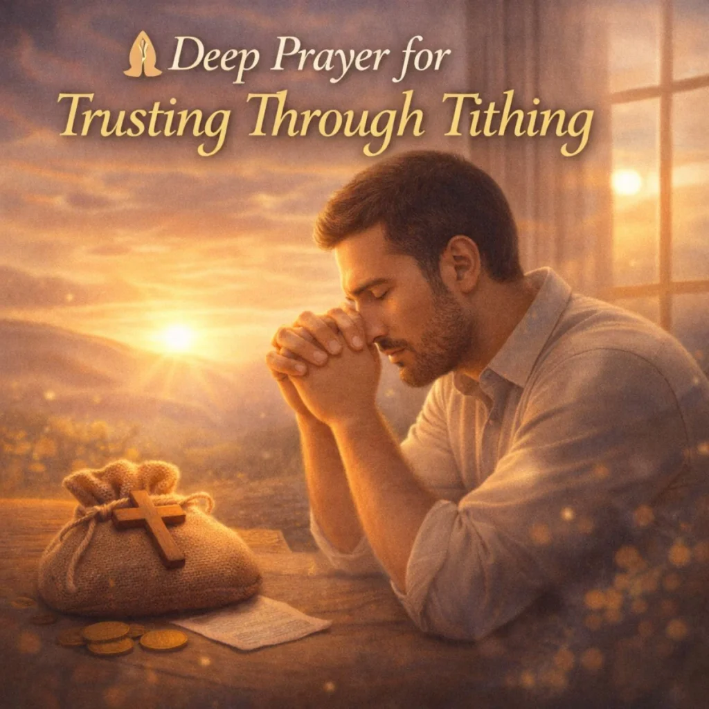 deep prayer for tithing showing person kneeling in faith under warm light symbolizing trust, surrender, and spiritual peace