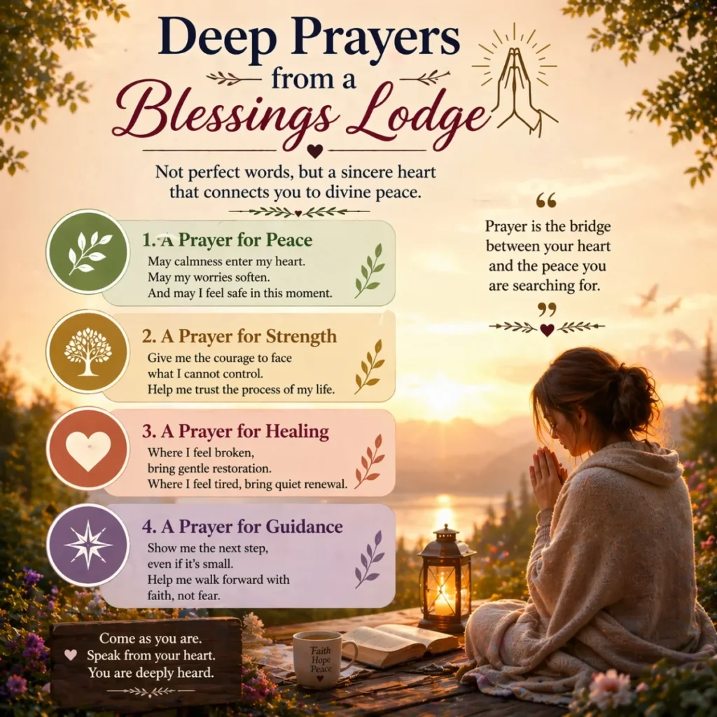 deep prayers from blessings lodge with woman praying at sunset and peaceful spiritual quotes