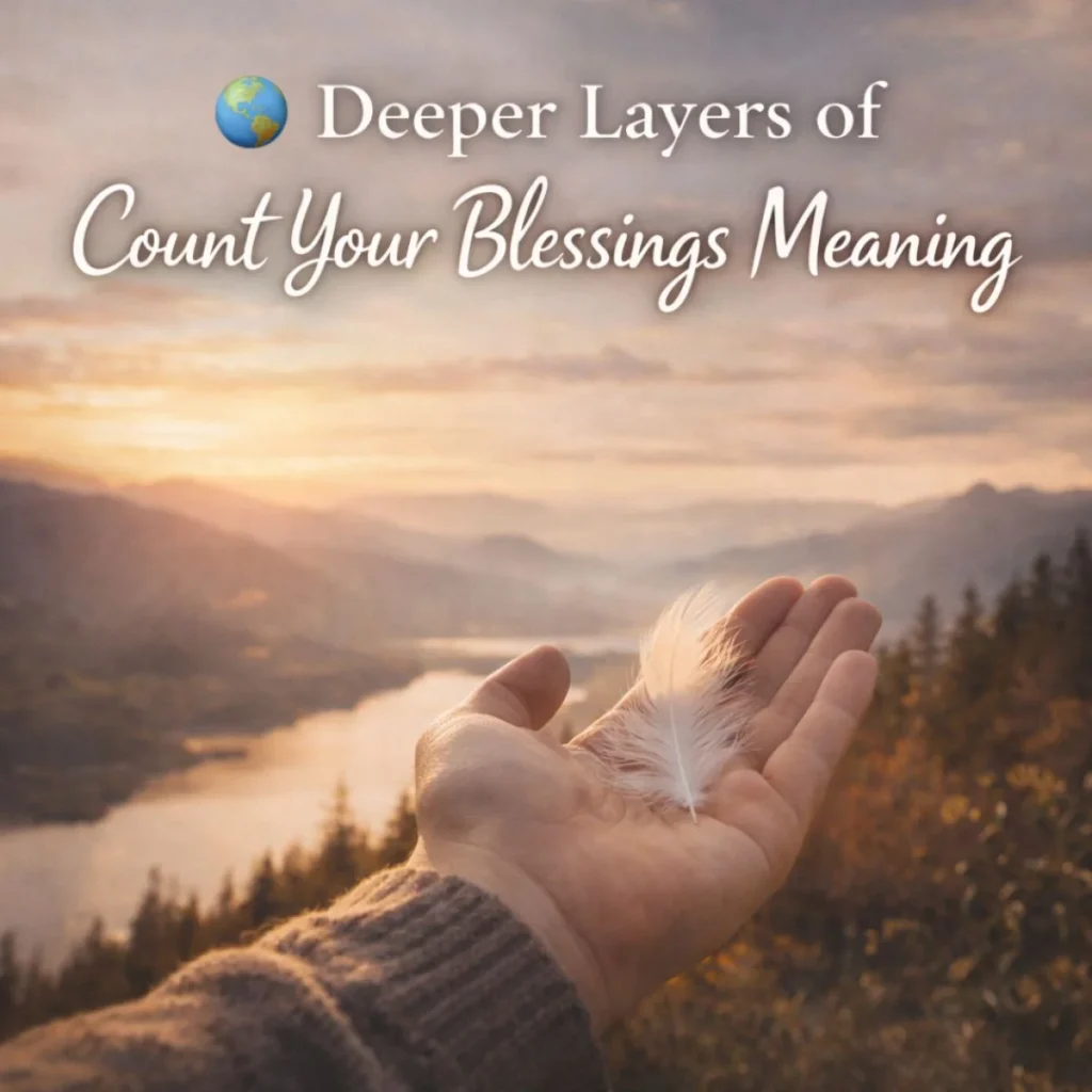 hand holding feather at sunset symbolizing deeper layers of count your blessings meaning and inner peace reflection