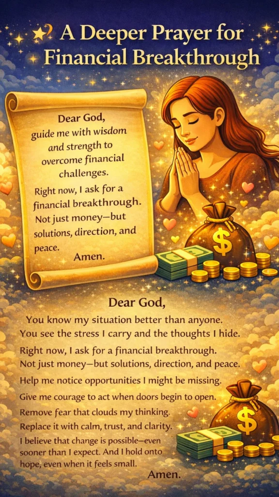 deeper prayer for financial breakthrough with woman praying and written prayer for money and guidance illustration