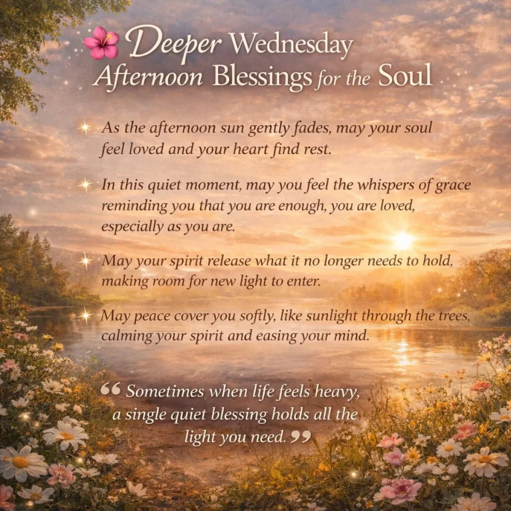 Deeper Wednesday afternoon blessings for the soul with sunset sky, calm nature, and emotional healing messages
