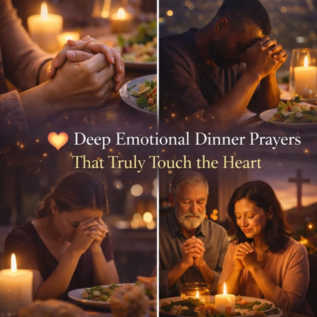 emotional dinner prayer moments with people praying over meals in candlelight peaceful night setting