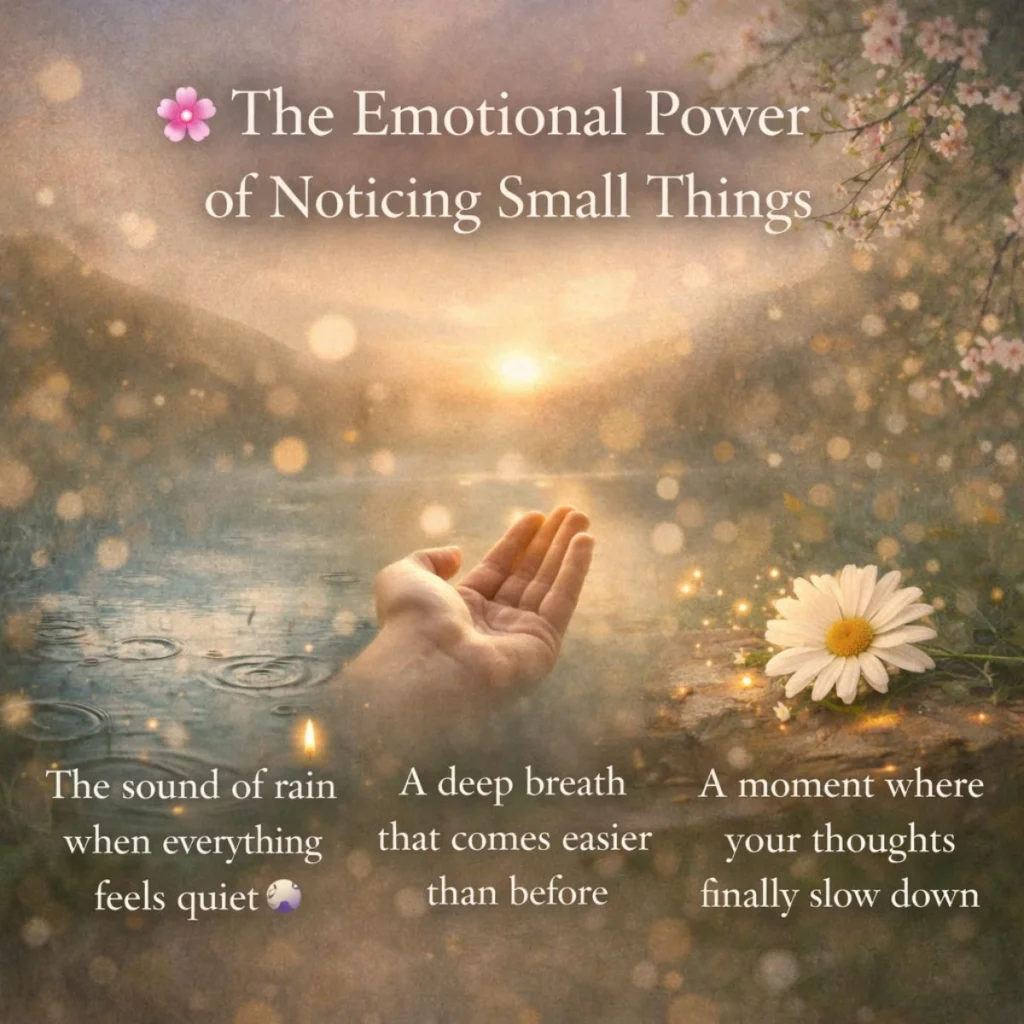 Emotional power of noticing small things with hand, rain drops, candle, daisy, and peaceful sunset background