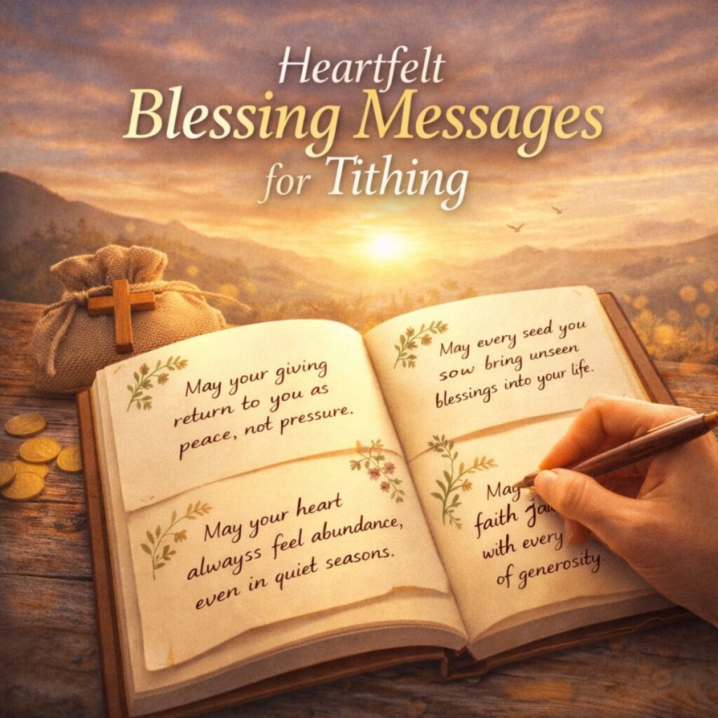 heartfelt blessing messages for tithing written in journal with coins and cross under warm sunset light