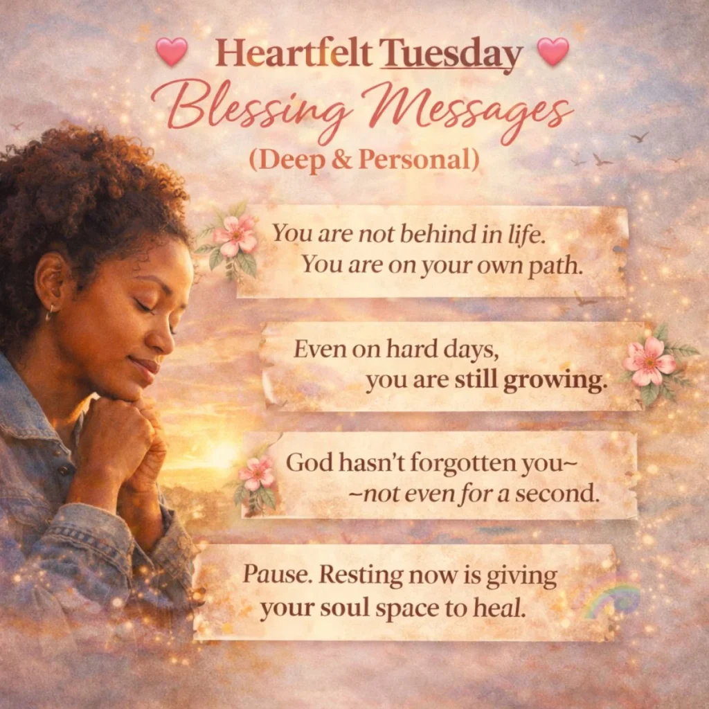 Heartfelt Tuesday blessing messages with African American woman praying, deep encouragement and spiritual inspiration