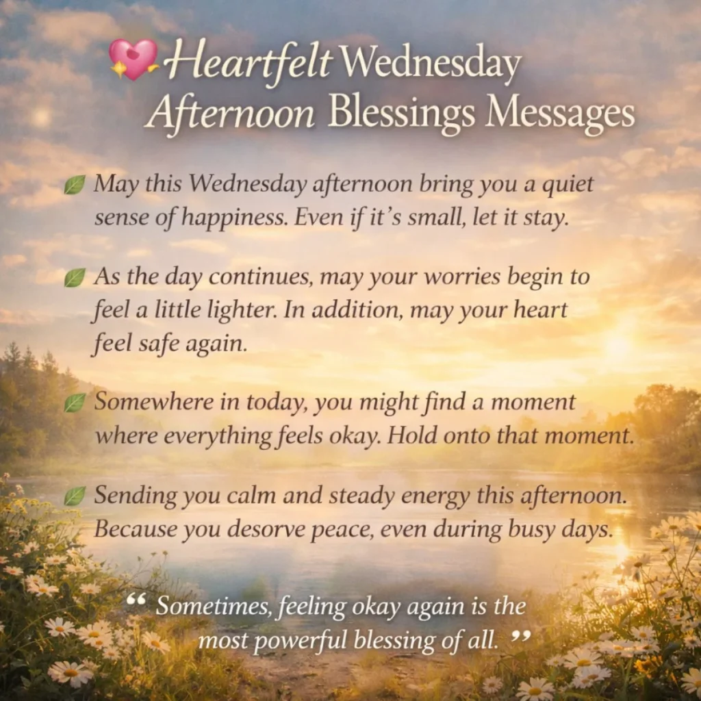 Heartfelt Wednesday afternoon blessings messages with peaceful sunset lake and calming inspirational quotes