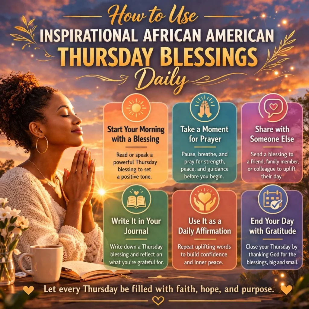 How to use inspirational African American Thursday blessings daily with praying woman at sunrise showing peace and faith
