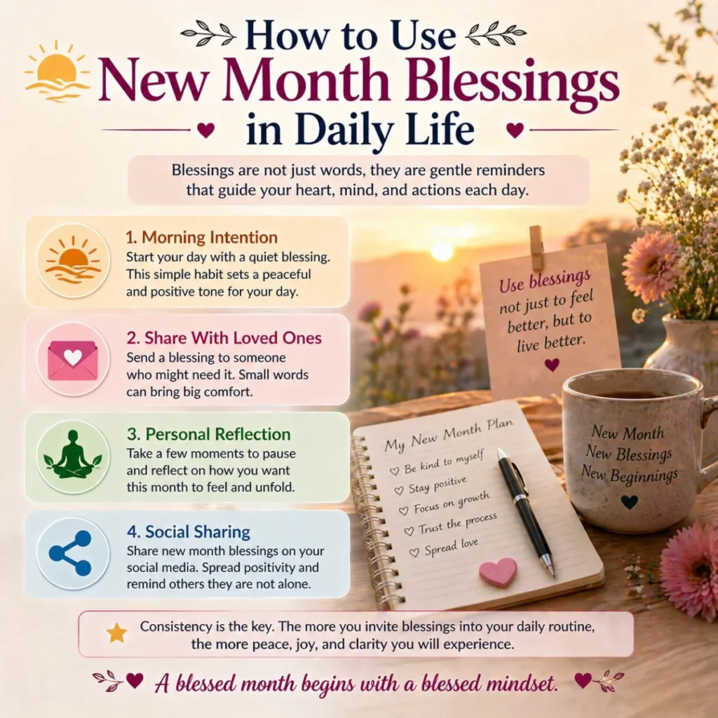 how to use new month blessings daily life infographic with morning routine journaling reflection and peaceful sunrise
