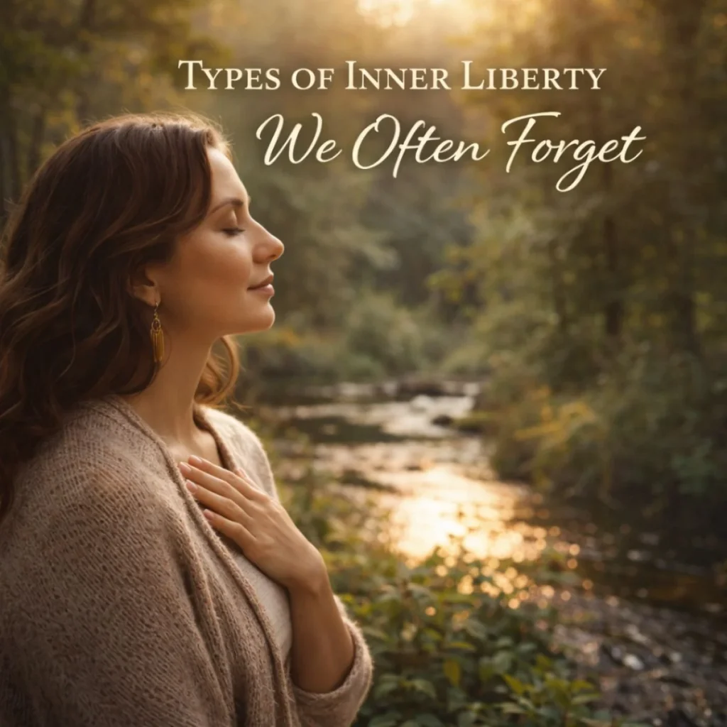 woman with hand on heart in peaceful nature reflecting inner liberty, emotional freedom, and self-awareness