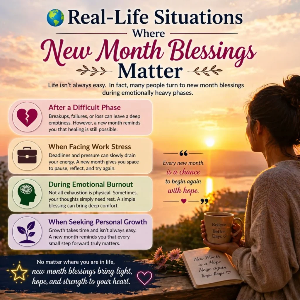 new month blessings real life situations infographic with sunrise woman reflection hope healing and emotional support