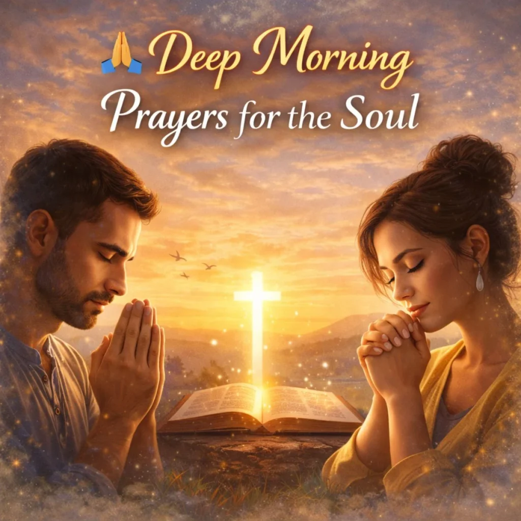 positive bible verse good morning blessings gif with couple praying at sunrise, cross and open Bible