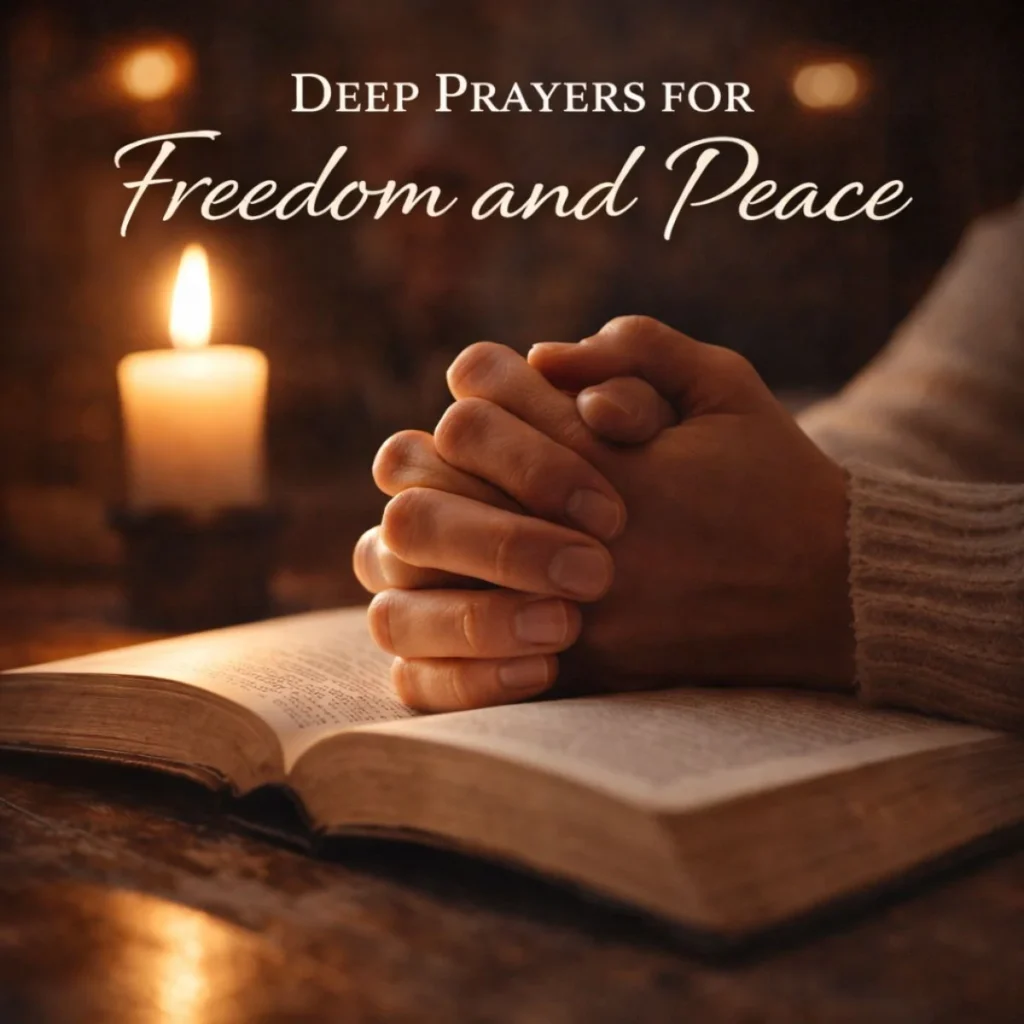 hands in prayer over open book with candlelight symbolizing peace, freedom, and spiritual reflection