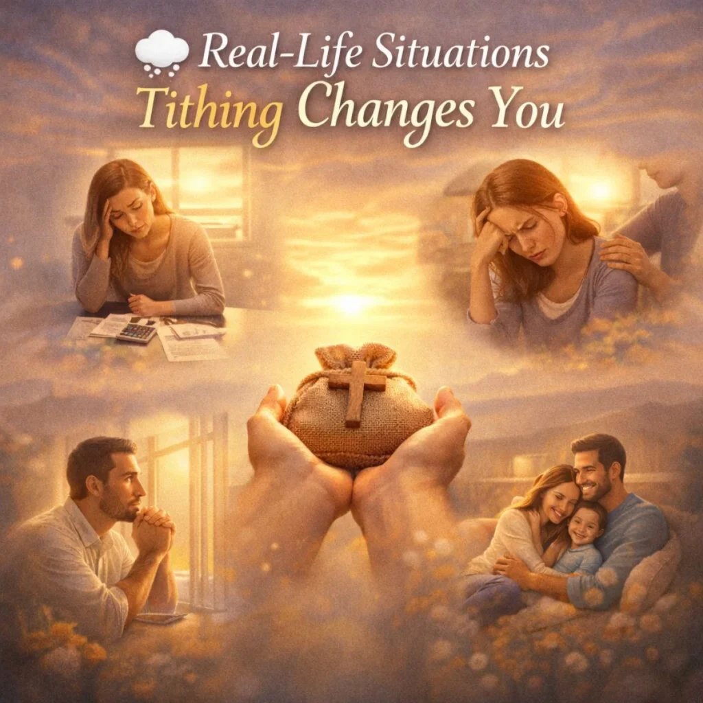 real life situations where tithing changes you showing struggle, prayer, giving, and family peace under warm light