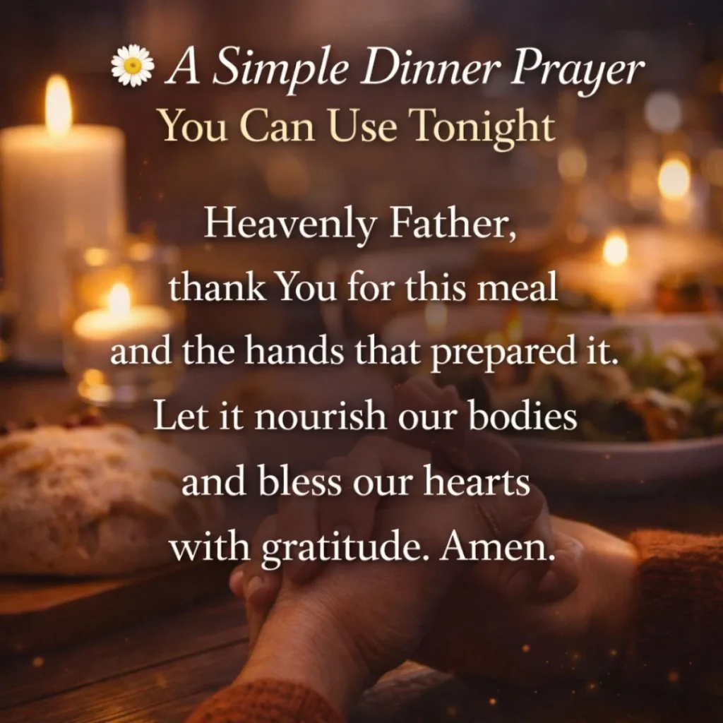simple dinner prayer text with hands praying over meal in candlelight peaceful gratitude moment