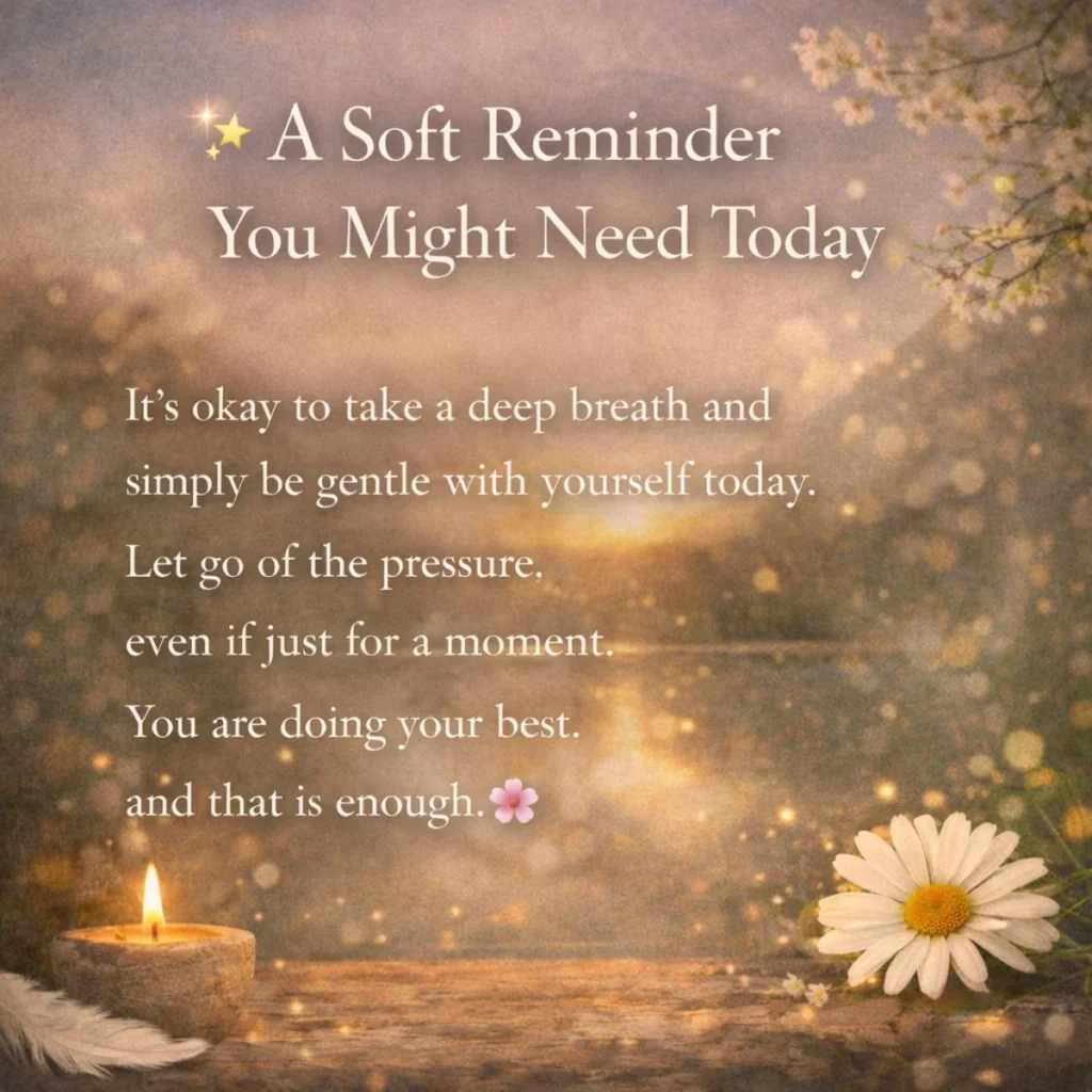 Soft reminder quote with candle, daisy flower, and sunset background encouraging self-care and inner peace