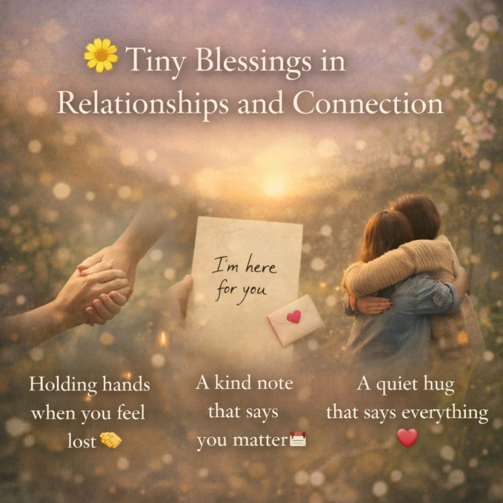 Tiny blessings in relationships with holding hands, heartfelt note, hug, and warm sunset background